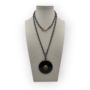 Long Black Disc Pendant Necklace Gold Accent Modern Minimalist